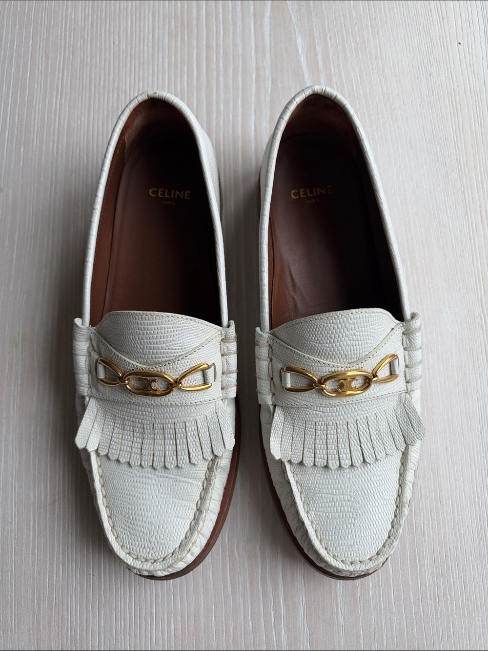 Celine White Leather Fringe Loafers with Maillon Triomphe Logo Accent in Gold
